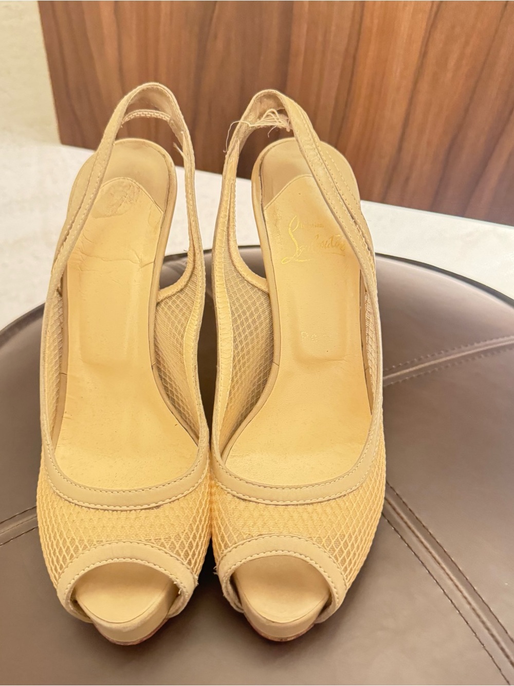 Christian Louboutin Beige Peep-Toe Slingback Heels